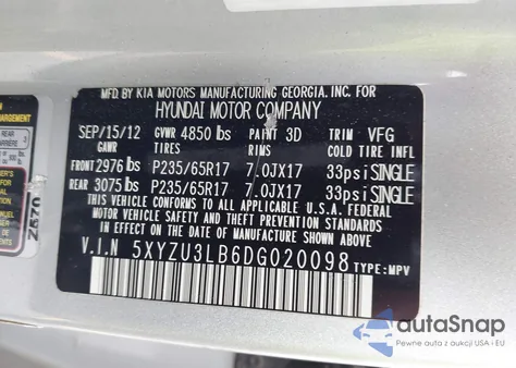 2013 Hyundai Santa Fe Sport из США, поврежденный, VIN 5XYZU3LB6DG020098